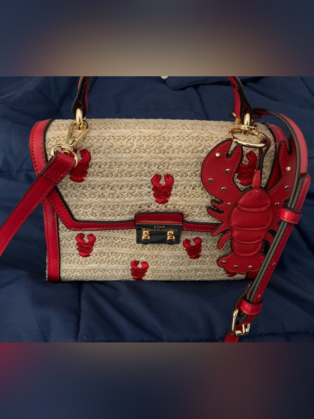BCBGeneration Straw Satchel with Red Trim and Lobster Charm - Picture 2 of 9